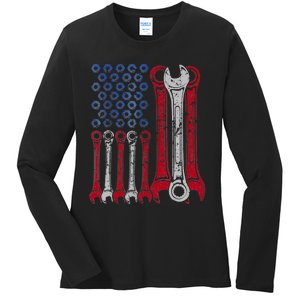 USA Red White Blue American Flag Mechanic Ladies Long Sleeve Shirt