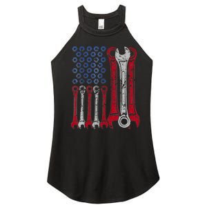 USA Red White Blue American Flag Mechanic Women's Perfect Tri Rocker Tank