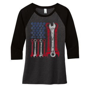 USA Red White Blue American Flag Mechanic Women's Tri-Blend 3/4-Sleeve Raglan Shirt