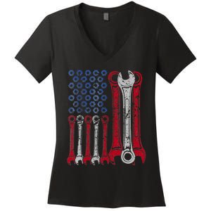 USA Red White Blue American Flag Mechanic Women's V-Neck T-Shirt