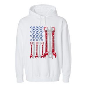 USA Red White Blue American Flag Mechanic Garment-Dyed Fleece Hoodie