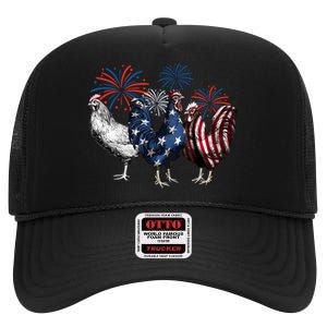 Usa Red White And Blue Retro 4th Of July American Chicken High Crown Mesh Back Trucker Hat