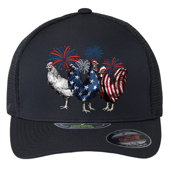 Usa Red White And Blue Retro 4th Of July American Chicken Flexfit Unipanel Trucker Cap