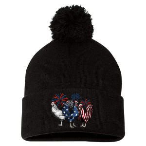 Usa Red White And Blue Retro 4th Of July American Chicken Pom Pom 12in Knit Beanie