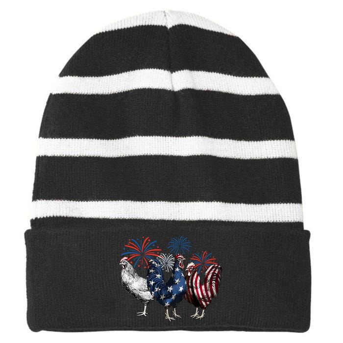 Usa Red White And Blue Retro 4th Of July American Chicken Striped Beanie with Solid Band