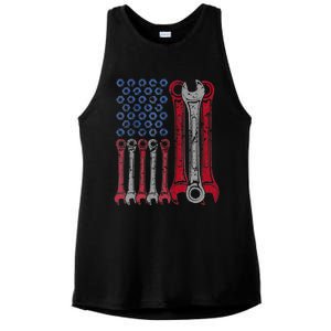 USA Red White Blue American Flag Mechanic Ladies PosiCharge Tri-Blend Wicking Tank