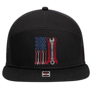 USA Red White Blue American Flag Mechanic 7 Panel Mesh Trucker Snapback Hat