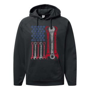 USA Red White Blue American Flag Mechanic Performance Fleece Hoodie