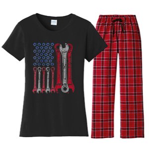 USA Red White Blue American Flag Mechanic Women's Flannel Pajama Set