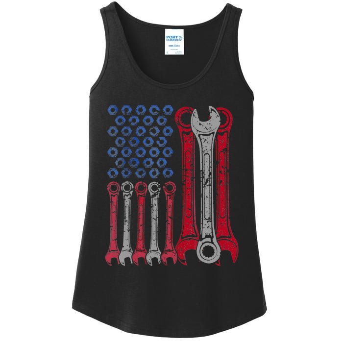 USA Red White Blue American Flag Mechanic Ladies Essential Tank