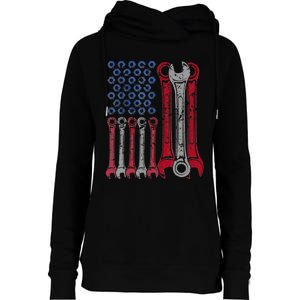 USA Red White Blue American Flag Mechanic Womens Funnel Neck Pullover Hood