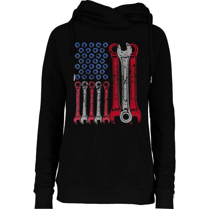 USA Red White Blue American Flag Mechanic Womens Funnel Neck Pullover Hood