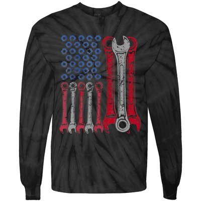 USA Red White Blue American Flag Mechanic Tie-Dye Long Sleeve Shirt