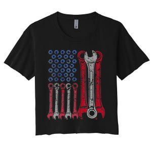 USA Red White Blue American Flag Mechanic Women's Crop Top Tee