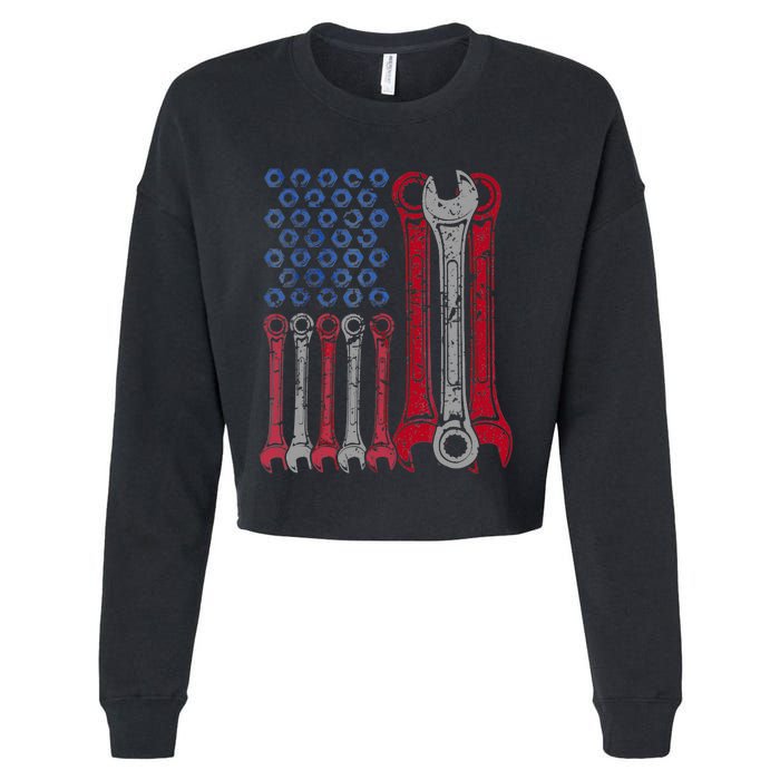 USA Red White Blue American Flag Mechanic Cropped Pullover Crew