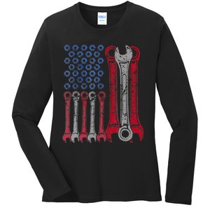 USA Red White Blue American Flag Mechanic Ladies Long Sleeve Shirt