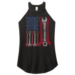 USA Red White Blue American Flag Mechanic Women's Perfect Tri Rocker Tank