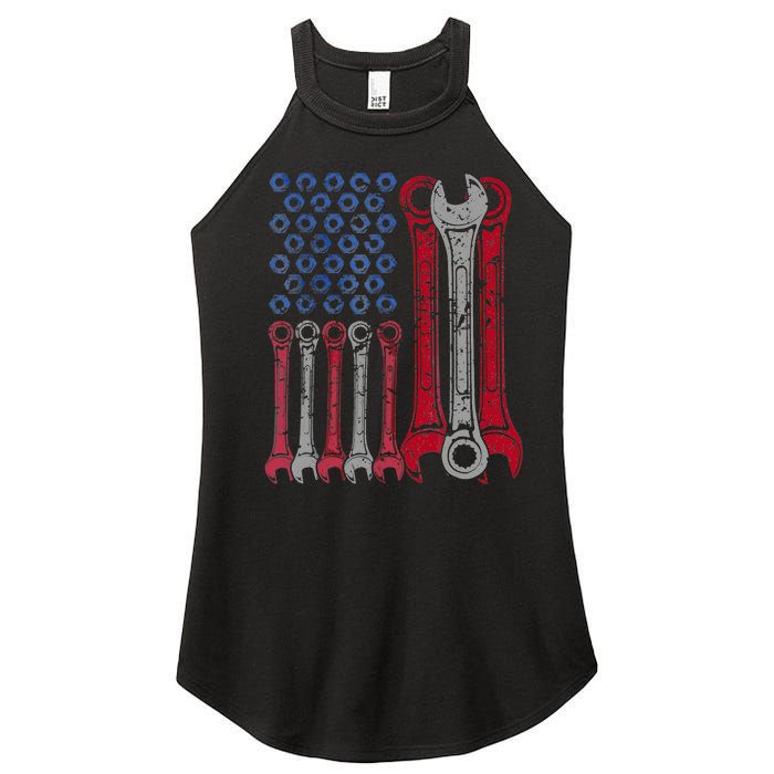 USA Red White Blue American Flag Mechanic Women's Perfect Tri Rocker Tank