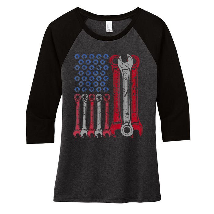 USA Red White Blue American Flag Mechanic Women's Tri-Blend 3/4-Sleeve Raglan Shirt