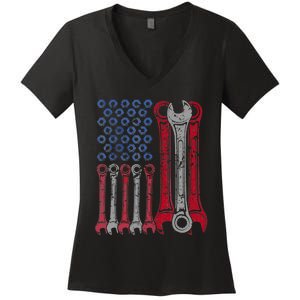 USA Red White Blue American Flag Mechanic Women's V-Neck T-Shirt