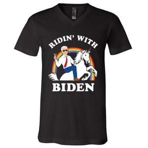 Unicorn Ridin With Biden Funny Joe Biden V-Neck T-Shirt