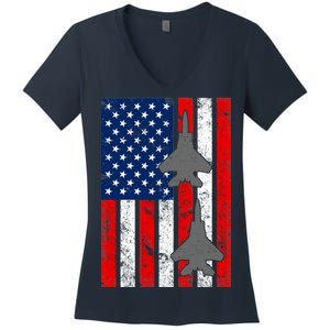 US Air Force Jets Distressed Flag Women's V-Neck T-Shirt