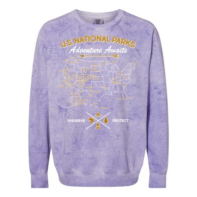 US National Parks Map Adventure Awaits Colorblast Crewneck Sweatshirt