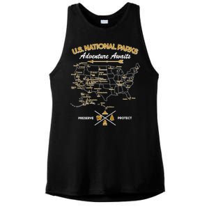 US National Parks Map Adventure Awaits Ladies PosiCharge Tri-Blend Wicking Tank