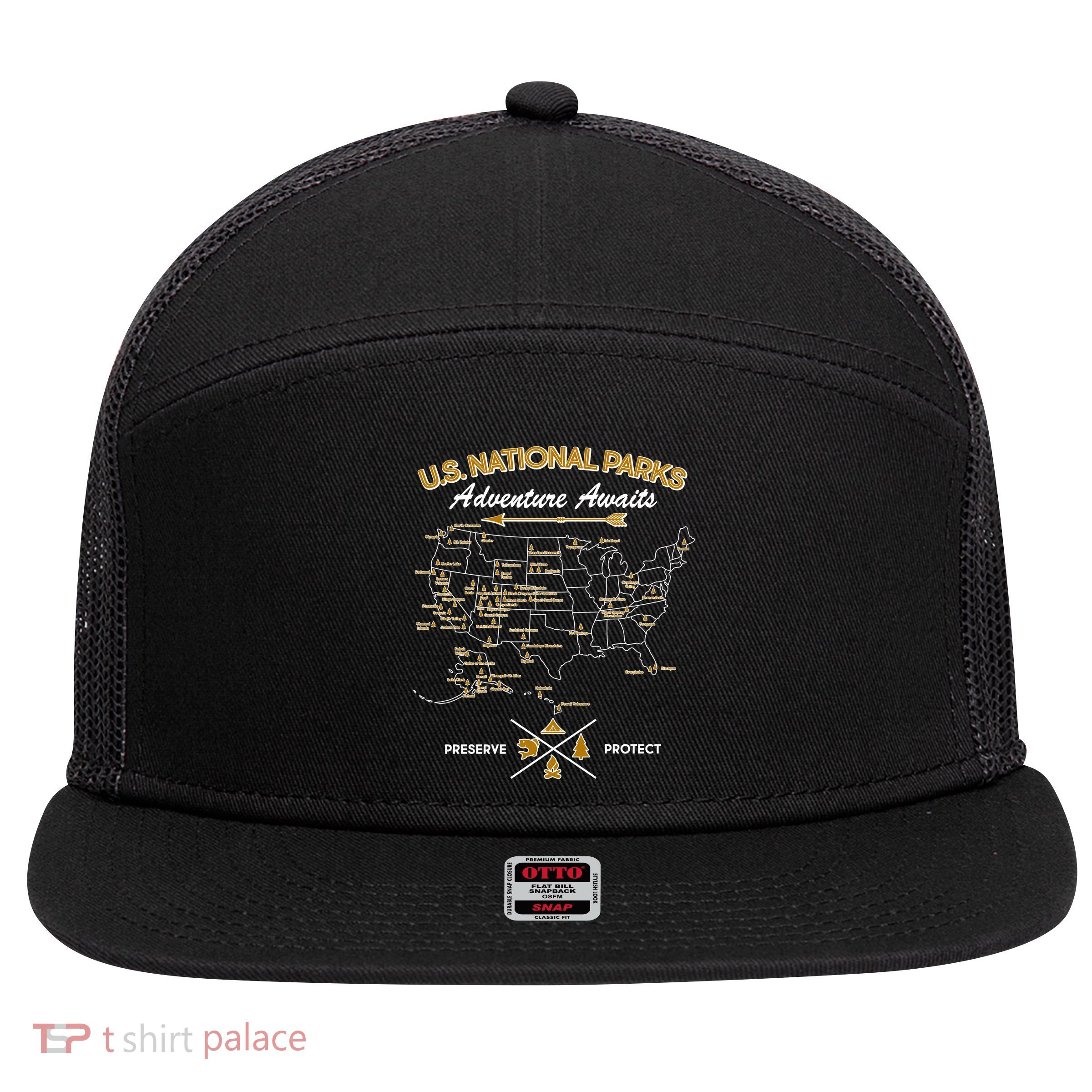 US National Parks Map Adventure Awaits 7 Panel Mesh Trucker Snapback Hat