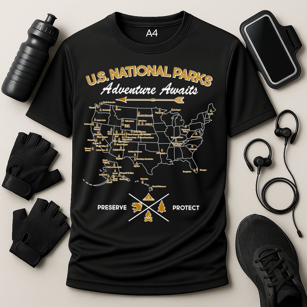 US National Parks Map Adventure Awaits Cooling Performance Crew T-Shirt