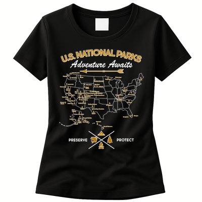 US National Parks Map Adventure Awaits Womens T-Shirt