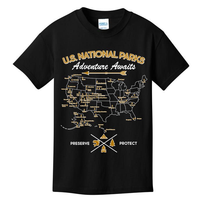 US National Parks Map Adventure Awaits Kids T-Shirt