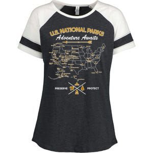 US National Parks Map Adventure Awaits Enza Ladies Jersey Colorblock Tee