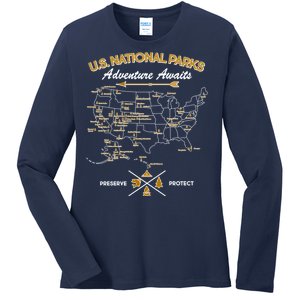 US National Parks Map Adventure Awaits Ladies Long Sleeve Shirt