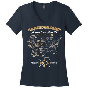 US National Parks Map Adventure Awaits Women's V-Neck T-Shirt