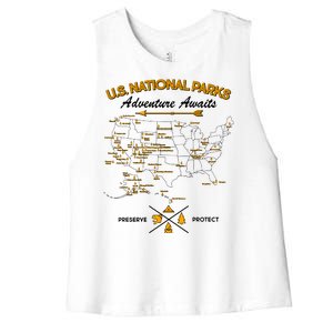 US National Parks Map Adventure Awaits Women's Racerback Cropped Tank