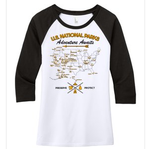 US National Parks Map Adventure Awaits Women's Tri-Blend 3/4-Sleeve Raglan Shirt