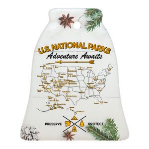 US National Parks Map Adventure Awaits Ceramic Bell Ornament