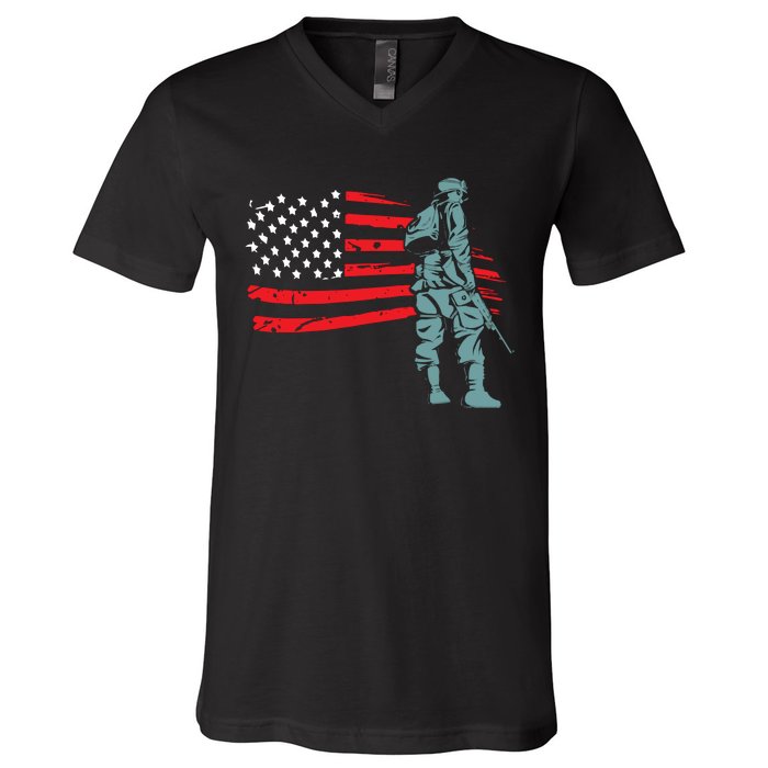 US Soldier American Flag V-Neck T-Shirt