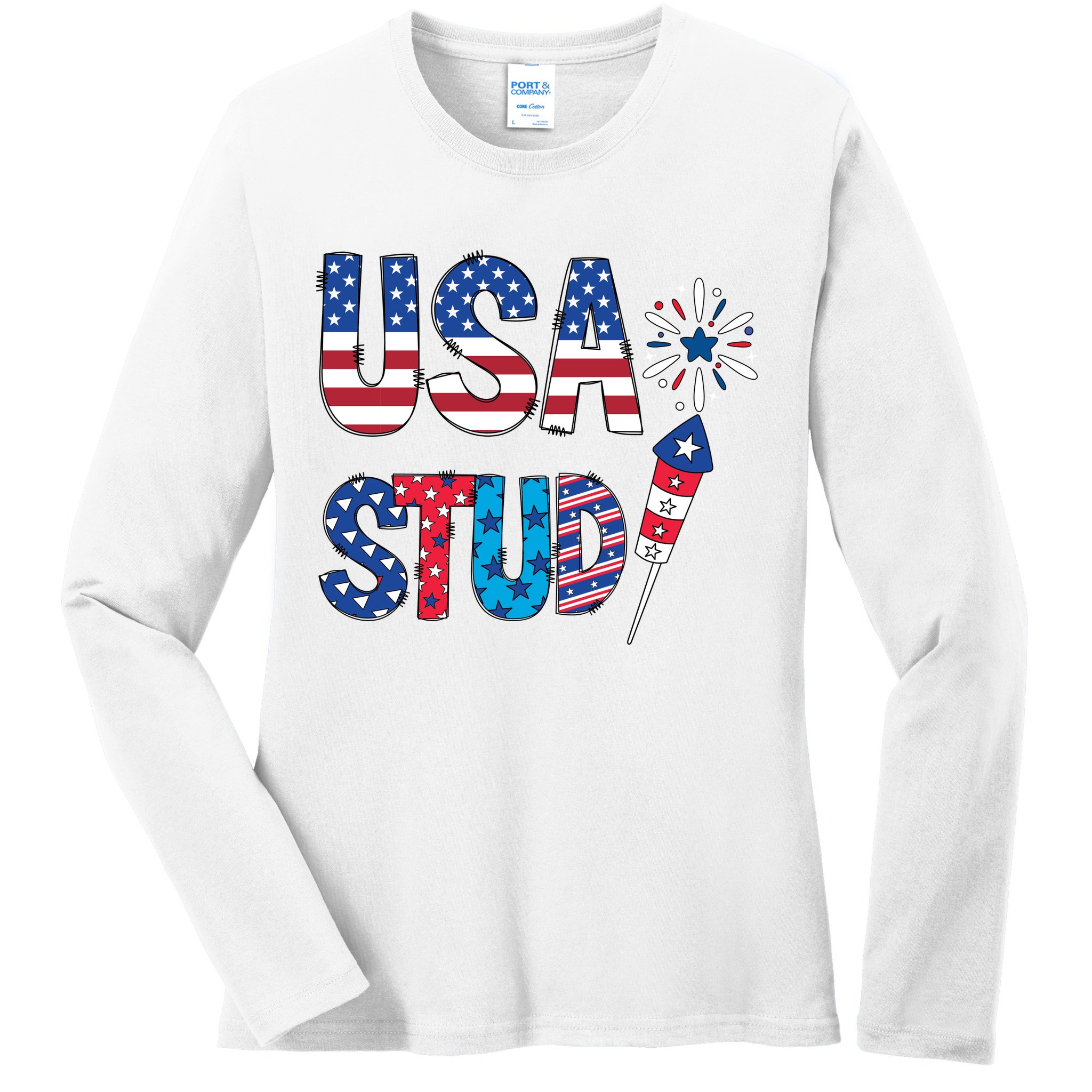 USA Stud 4th Of July Firework Cute Ladies Long Sleeve Shirt