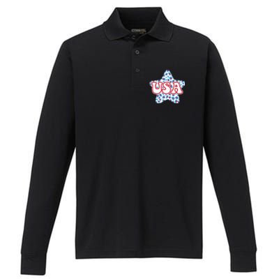 USA Star 4th Of July Festive Holiday Performance Long Sleeve Polo