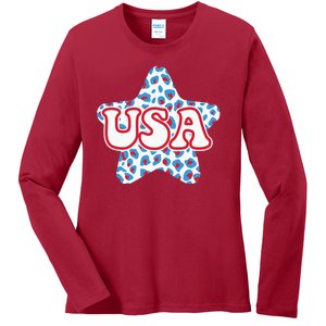 USA Star 4th Of July Festive Holiday Ladies Long Sleeve Shirt