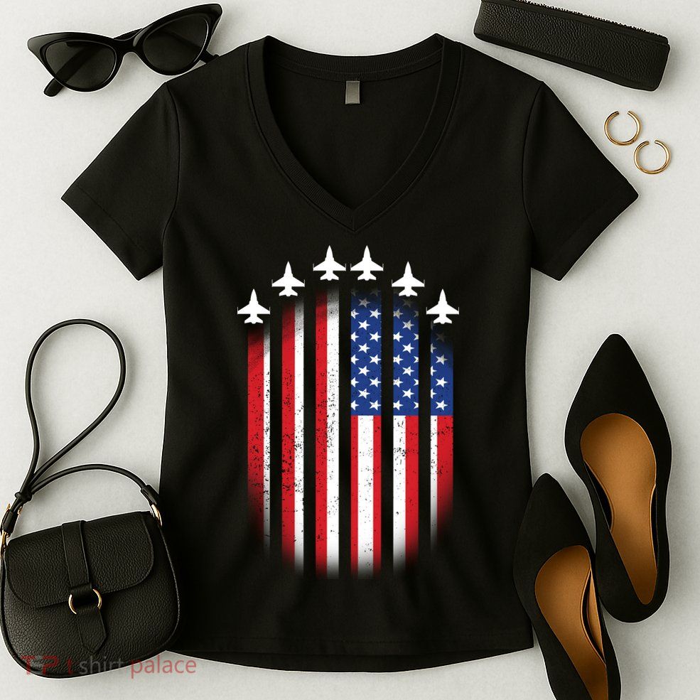 USA Air Force Jets American Flag Women's V-Neck T-Shirt