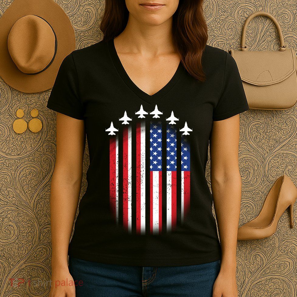 USA Air Force Jets American Flag Women's V-Neck T-Shirt