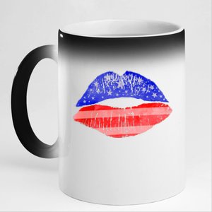 USA American Flag Lipstick Print 11oz Black Color Changing Mug