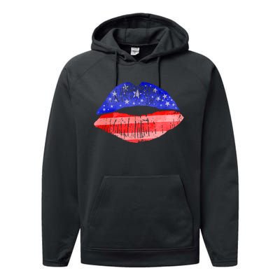 USA American Flag Lipstick Print Performance Fleece Hoodie