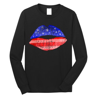 USA American Flag Lipstick Print Long Sleeve Shirt