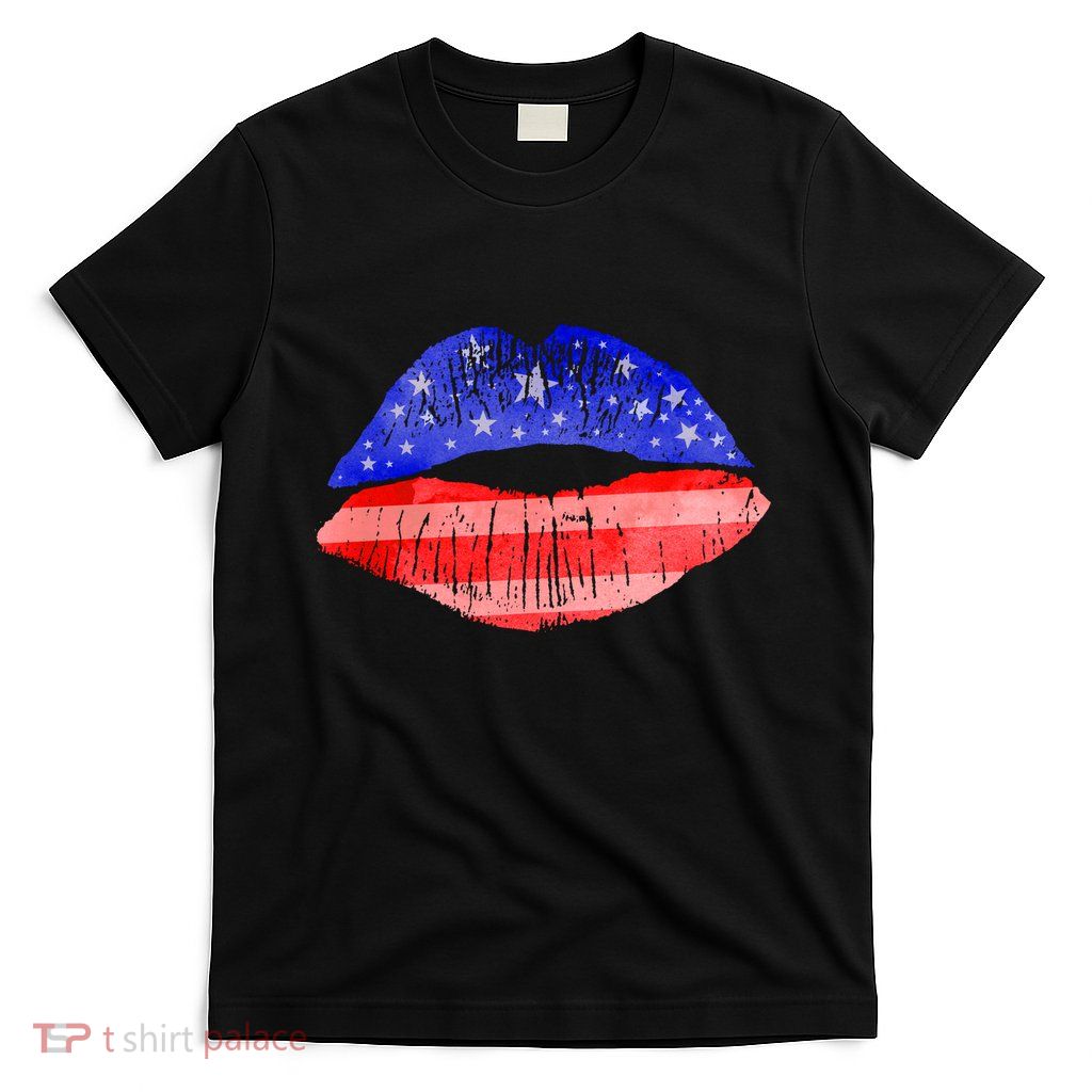 USA American Flag Lipstick Print T-Shirt