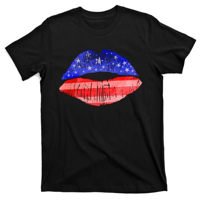 USA American Flag Lipstick Print T-Shirt