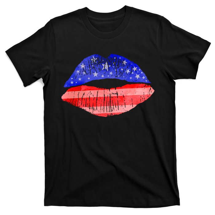 USA American Flag Lipstick Print T-Shirt